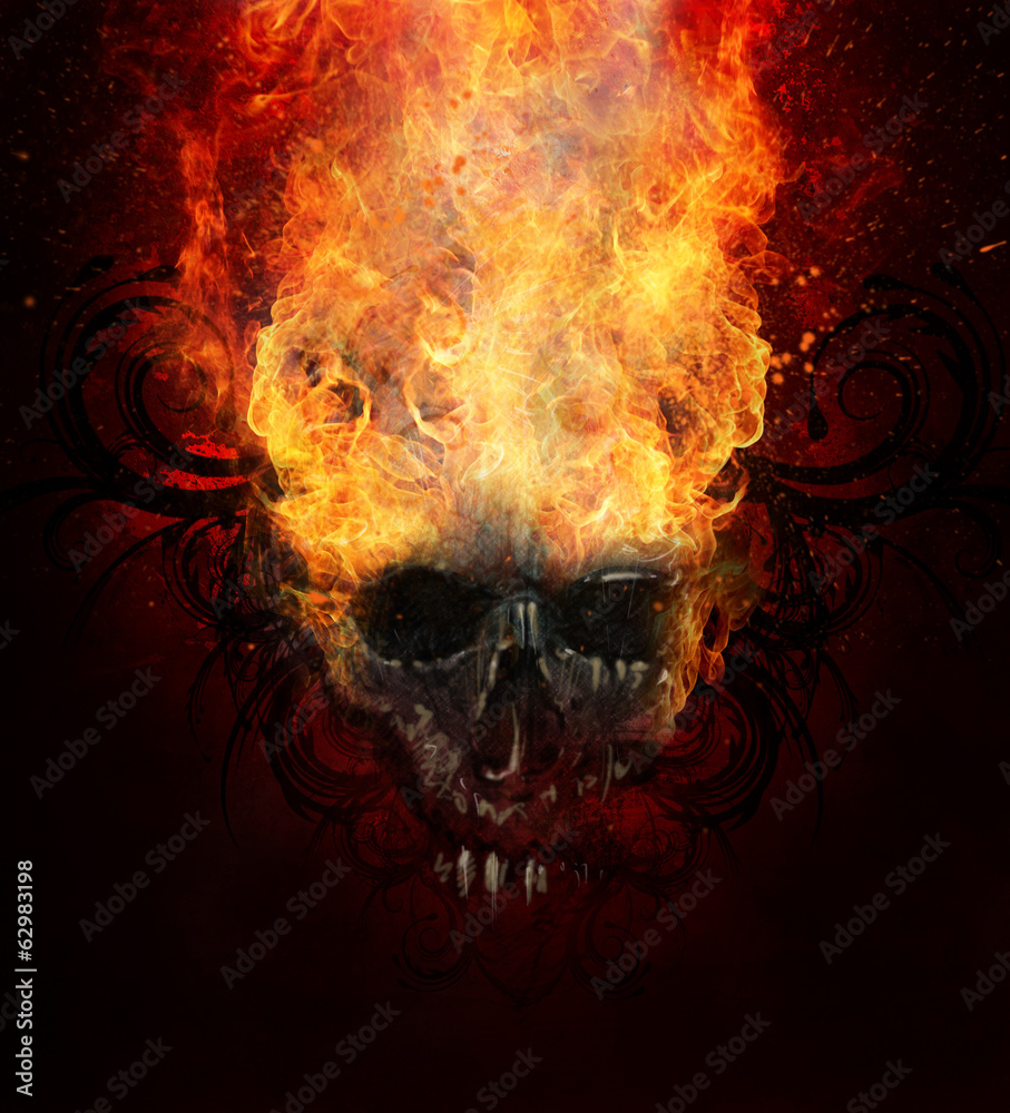 Burning skull. Sketch of tattoo art, fire with tribal flourishes Burning skull. Sketch of tattoo art, fire with tribal flourishes