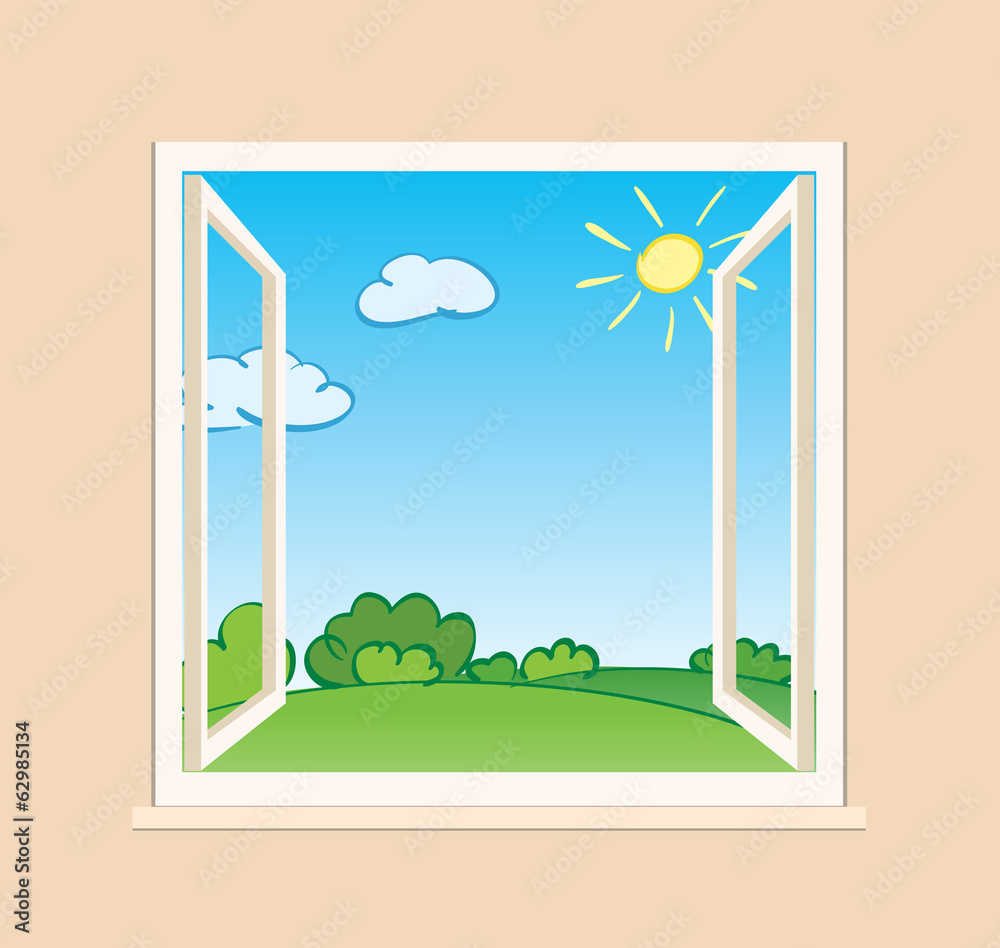 Fototapeta premium open window with green nature outside - vector illustration