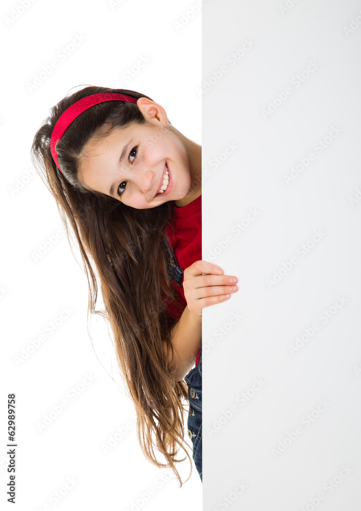 Girl peek out from vertical white banner Girl peek out from vertical white banner