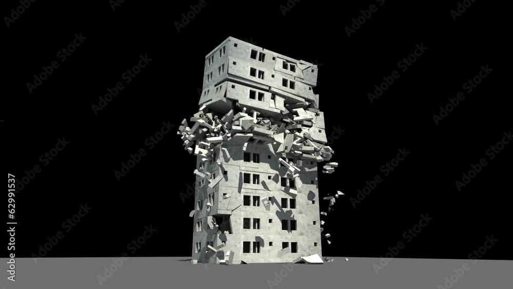 Concrete Building Collapse on green screen