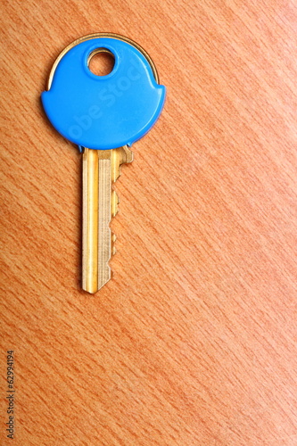 House key with blue plastic coats caps on table