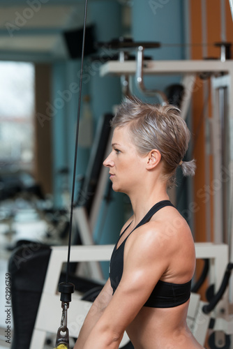 Young Woman Exercising Triceps In Healthy Club
