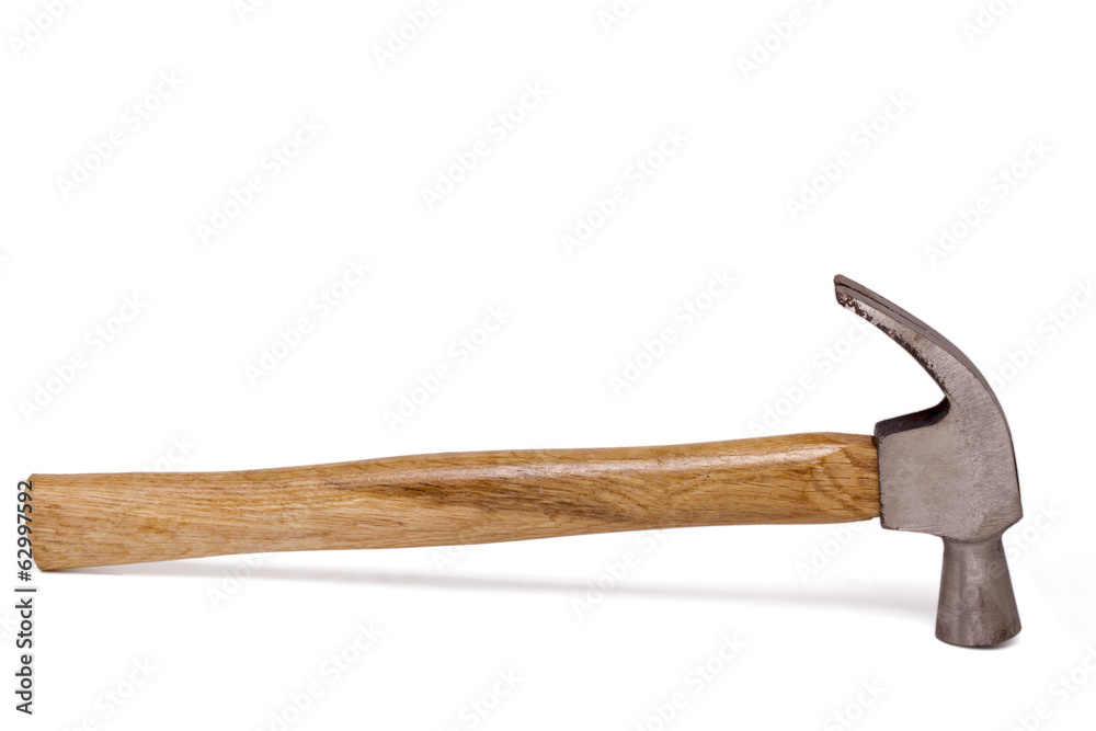 Close up view of a hammer isolated on a white background.