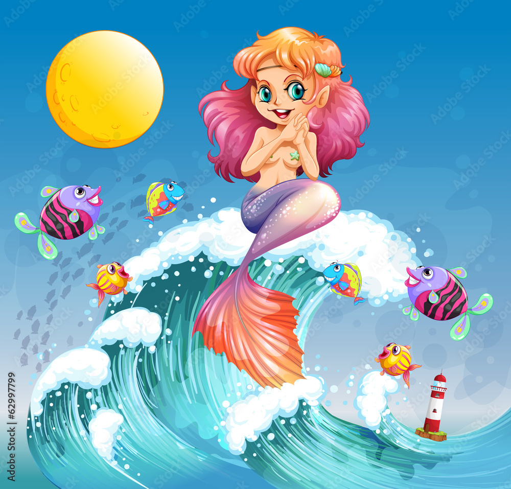 A happy mermaid above the sea waves A happy mermaid above the sea waves