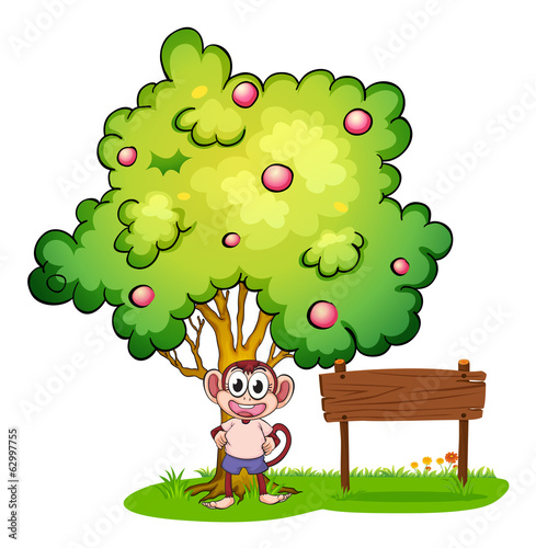 A monkey under the tree beside the empty wooden board