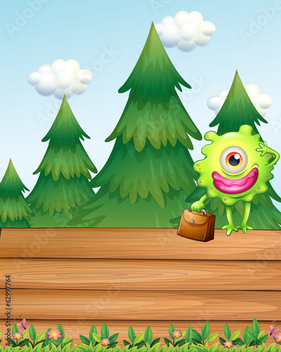 A wooden signboard with a monster
