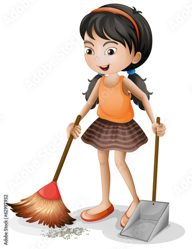 A young girl sweeping