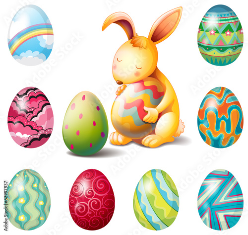 A group of Easter eggs and a sweet bunny