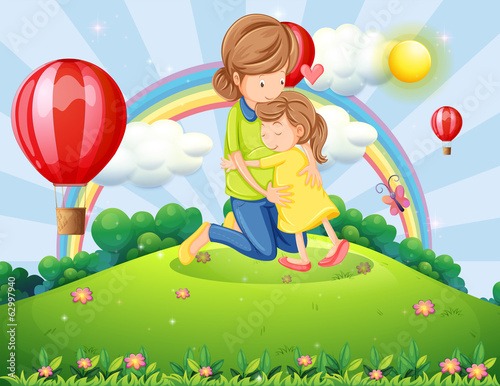 A hilltop with a mother and a daughter