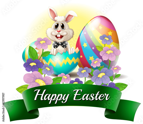A smiling bunny with a happy Easter label