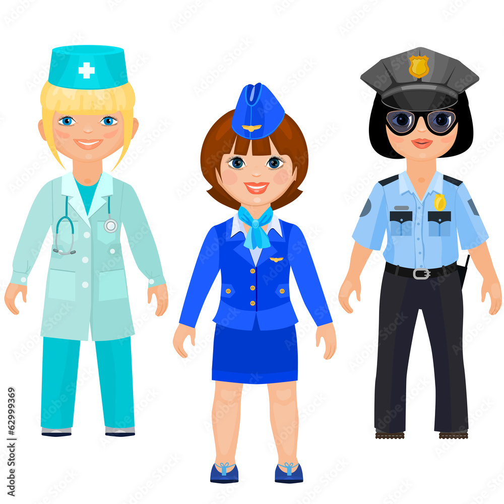 Pretty girls in uniform of doctors, police, stewards Pretty girls in uniform of doctors, police, stewards