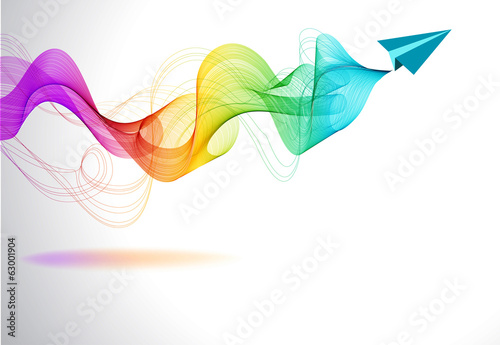 Abstract colorful background with paper air plane and wave