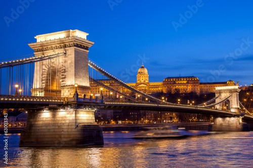 Budapest castle and chain bridge in the evening, Hungary #63003343