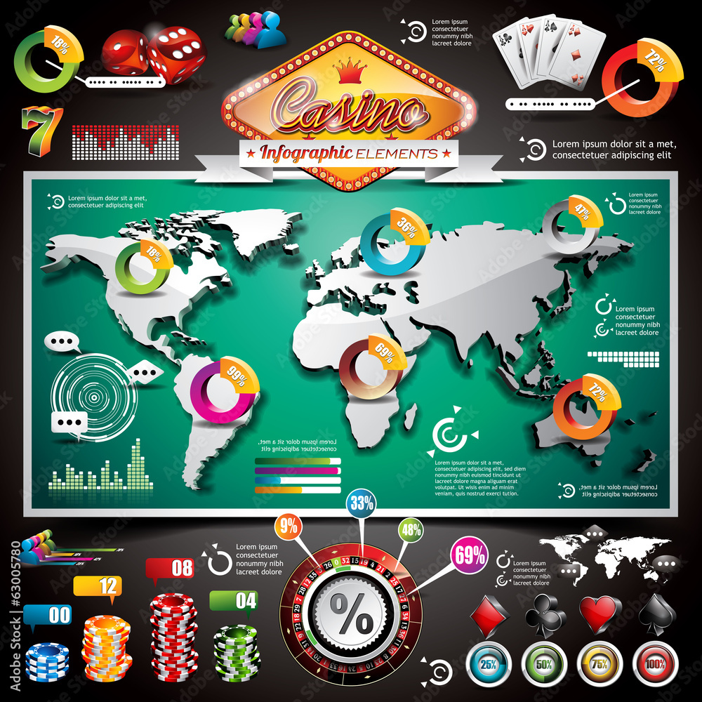 Vector Casino infographic set with world map