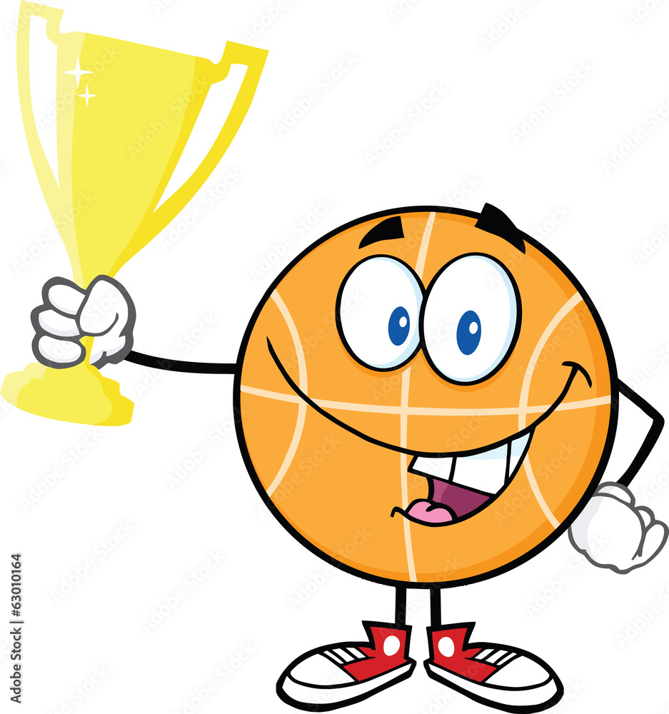 Happy Basketball Cartoon Character Holding Golden Trophy Cup Stock Vector |  Adobe Stock