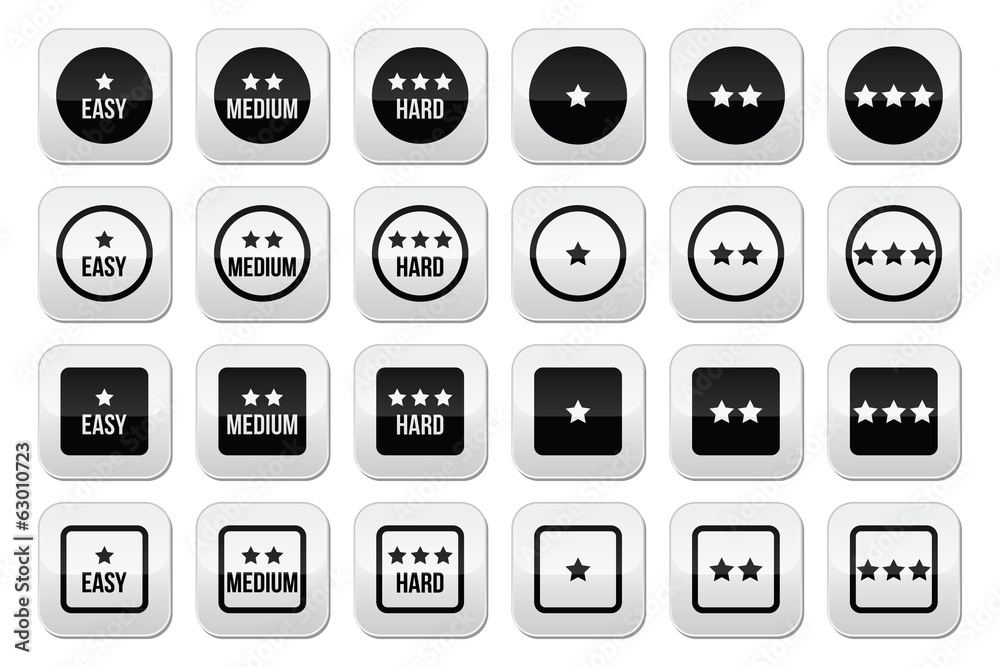 Easy, medium, hard level with stars buttons set Easy, medium, hard level with stars buttons set