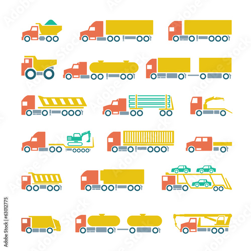 Set flat icons of trucks, trailers and vehicles