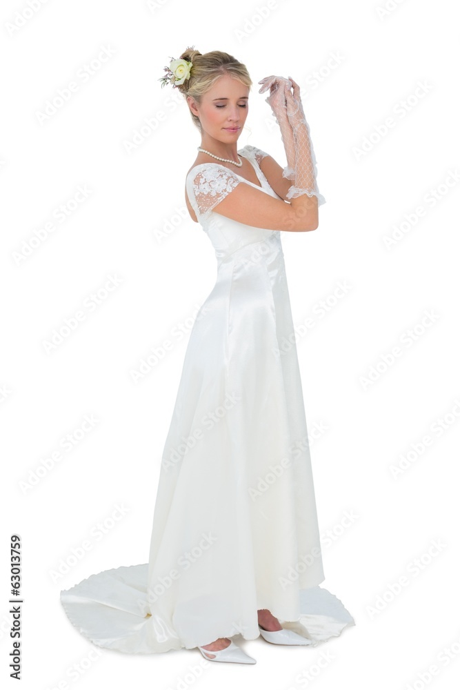 Bride with eyes closed over white backgtround