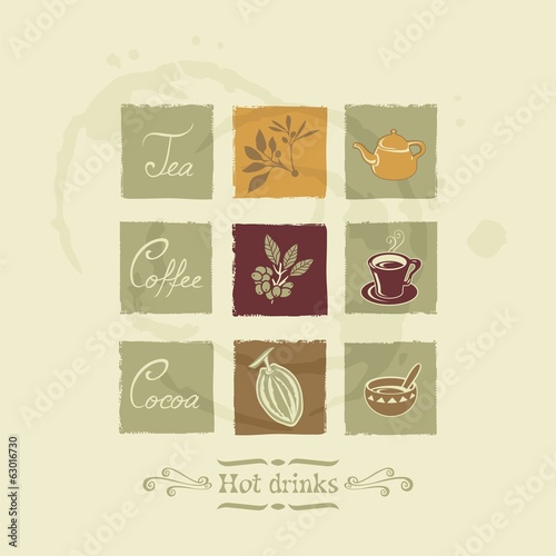 Beverages elements with tea, coffee and cocoa