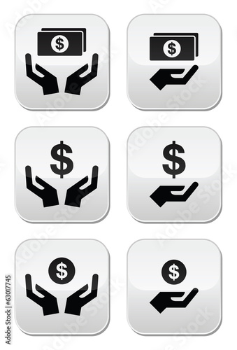 Fotografi Hands with dollar banknote, coin vector icons set