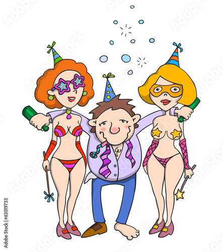 Party. Happy drunk man in company of two sexy girls