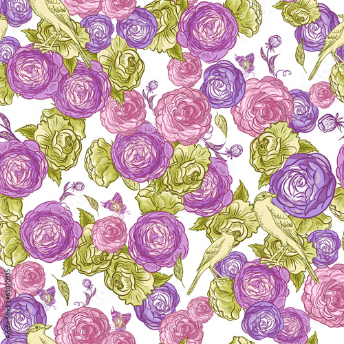 Seamless Rose Background with Birds