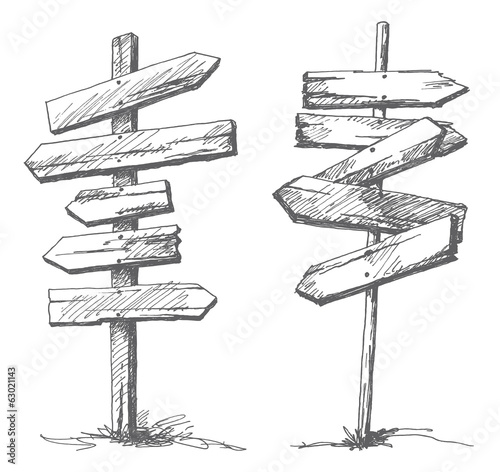 Hand drawn wooden road signs.