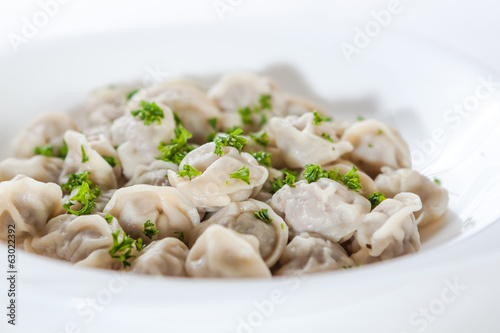 Meat dumplings with greens on a white background in a white plat