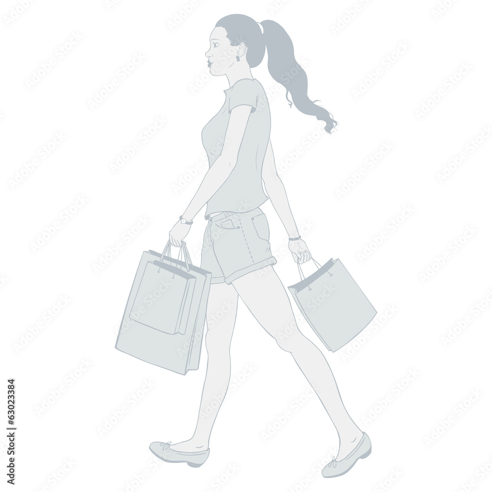 Vector Brunette girl goes and is in the hands of shopping bags