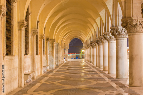 Venice - Exterior corridor of Doge palace in dusk.