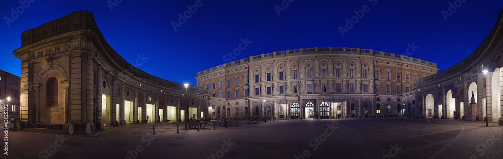 Outer courtyard at Stockholm's Royal Palace night panorama