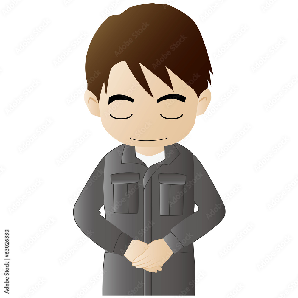 お辞儀するつなぎの男性 お辞儀するつなぎの男性