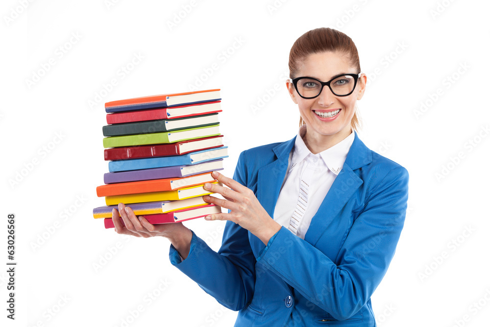 Happy woman presenting stack of books