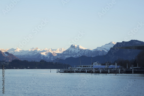 Amazing peaceful view on the lake and mountains in Swiss Alps in