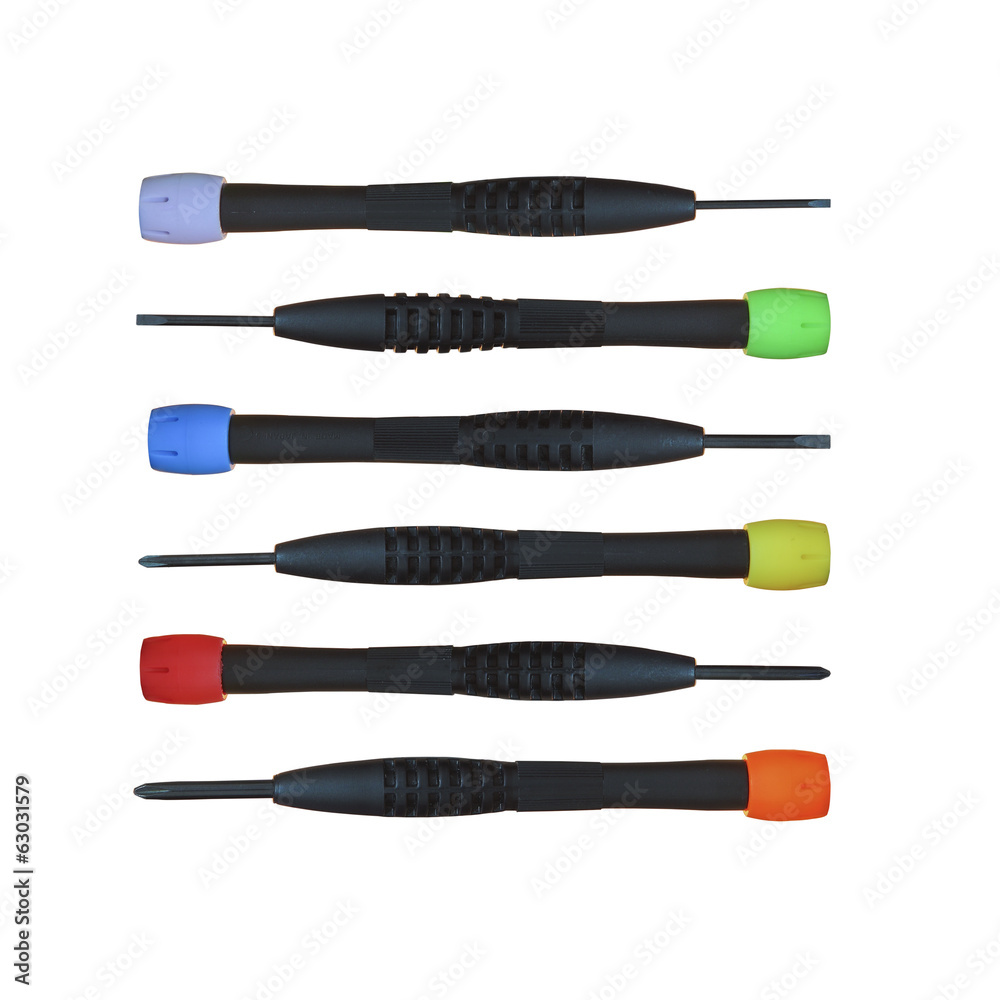 Six screwdrivers with Colorful handle isolated on white backgrou Six screwdrivers with Colorful handle isolated on white backgrou