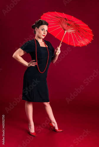 Pinup Girl with Red Umbrella