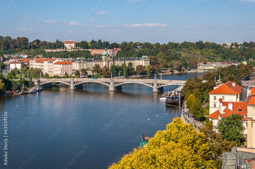 View at Vltava River, manesuv most bridge, Prague, Czech Republi