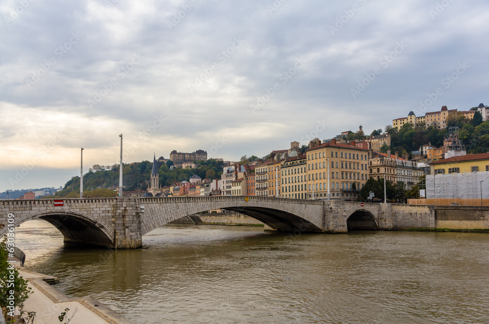 Lyon city on banks of Saone river - France