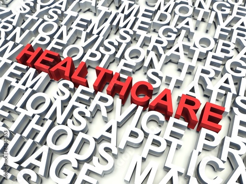Word Healthcare in red. Keyword concept.