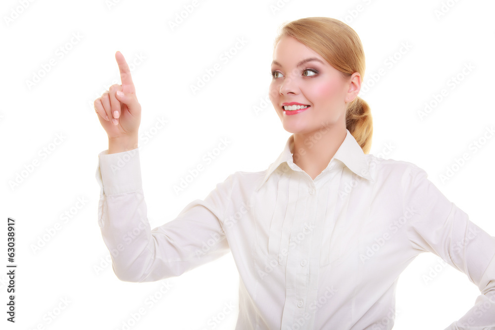 Business woman pressing button or pointing isolated Business woman pressing button or pointing isolated