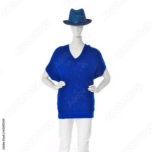 female blue clothes on a mannequin with hat