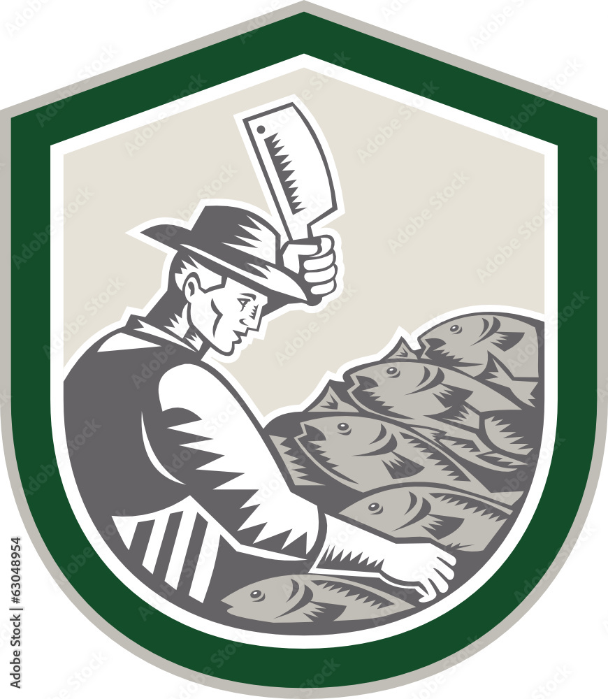 Naklejka premium Fishmonger Chop Fish Shield Retro