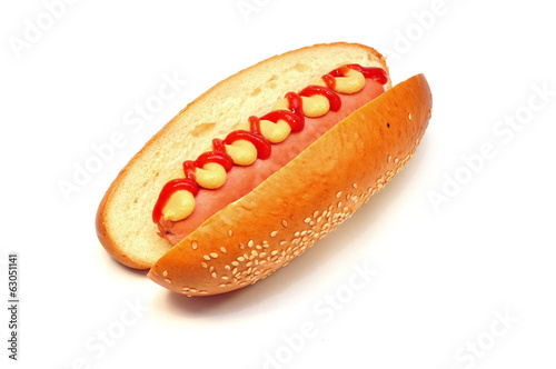hot dog with tomato ketchup and mustard