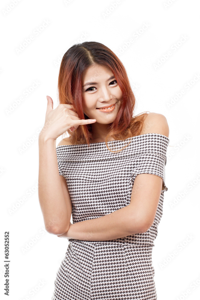 woman showing contact us, call us, faq, helpline hand sign woman showing contact us, call us, faq, helpline hand sign