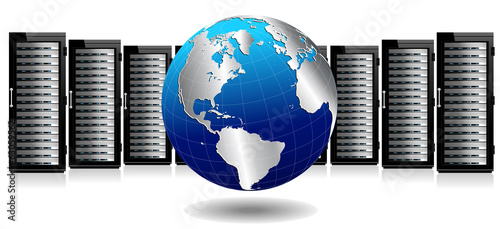 Data Storage System - Row of Network Servers with Globe