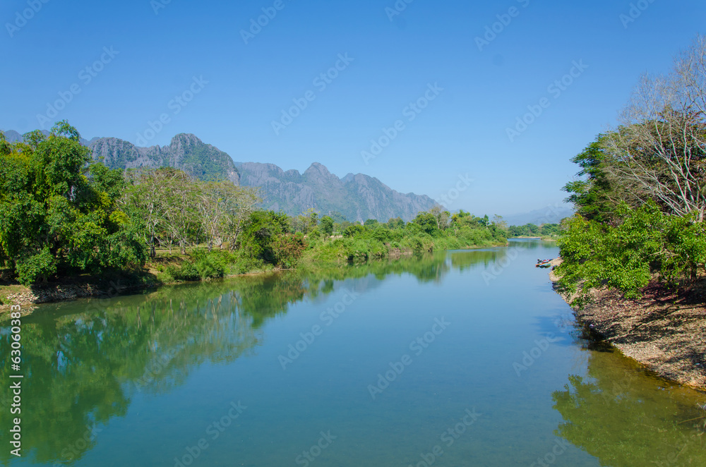 Serene landscape by the Nam Song River at Vang Vieng, Laos