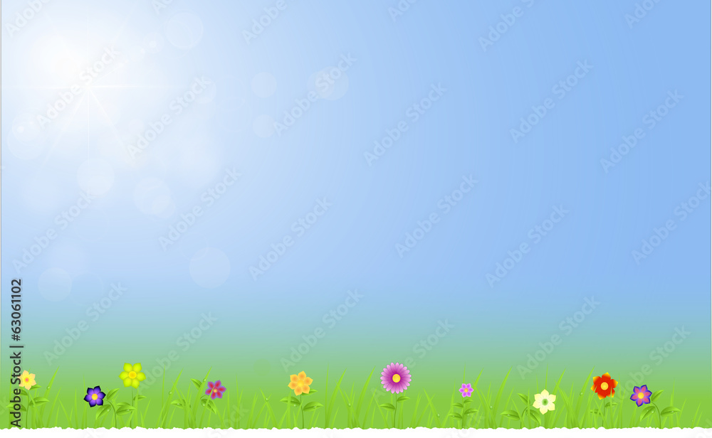 Spring landscape with flowers,grass with sky with ray of lights Spring landscape with flowers,grass with sky with ray of lights