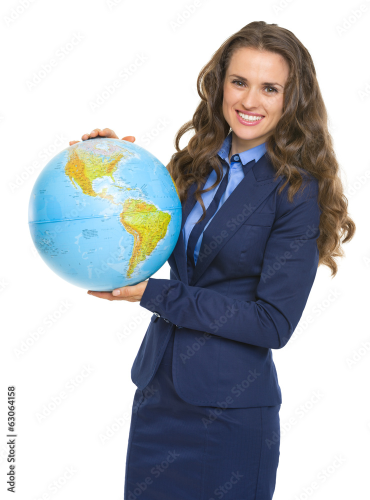 Happy business woman with earth globe Happy business woman with earth globe