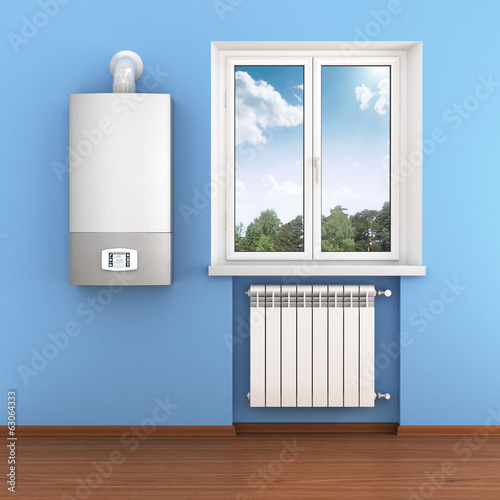 Radiator, boiler and nature in home interior photo