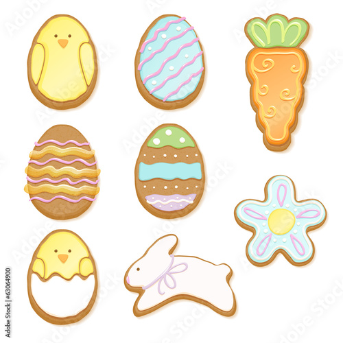 Set of decorated easter cookies of different forms.
